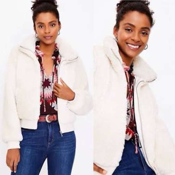 Ann Taylor LOFT Sherpa Teddy Fleece Bomber Jacket - Picture 3 of 4